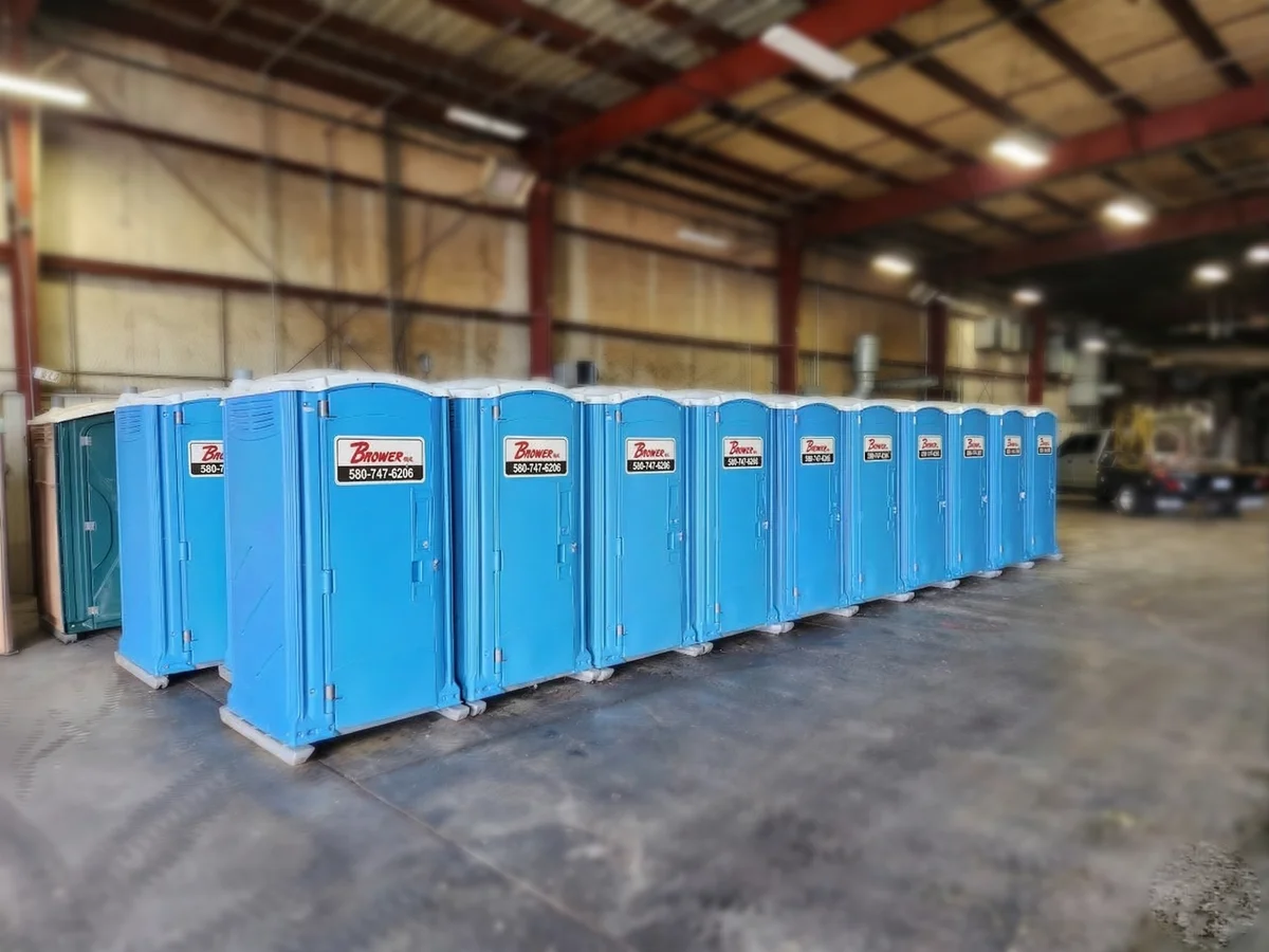 Brower Inc. portable restrooms lineup ready for delivery in Newkirk, OK