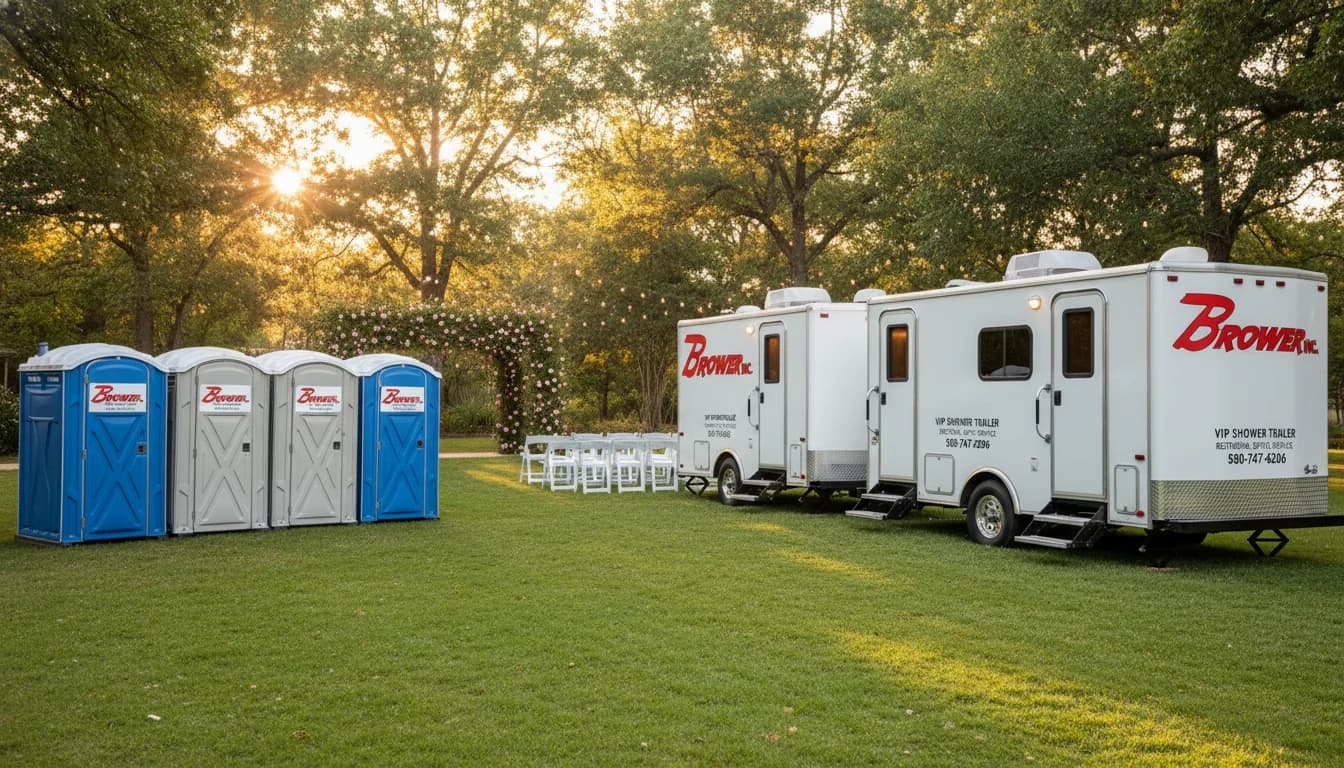 Brower Inc. porta potty rental fleet — portable restrooms and luxury VIP shower trailers staged at a garden event venue in Newkirk, Oklahoma